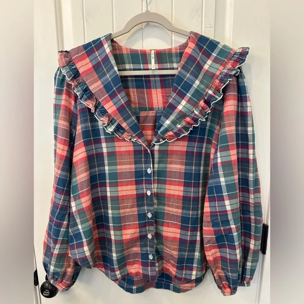 Free People Molly Ruffle Plaid Top Shirt Blouse Size Large EUC